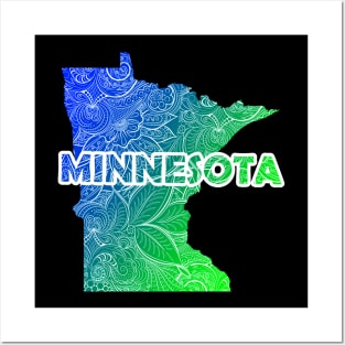 Colorful mandala art map of Minnesota with text in blue and green Posters and Art